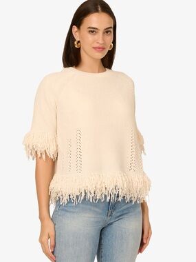ADRIANNA PAPELL Crew Neck Elbow Sleeve Fringe Edge Sweater SIZE M